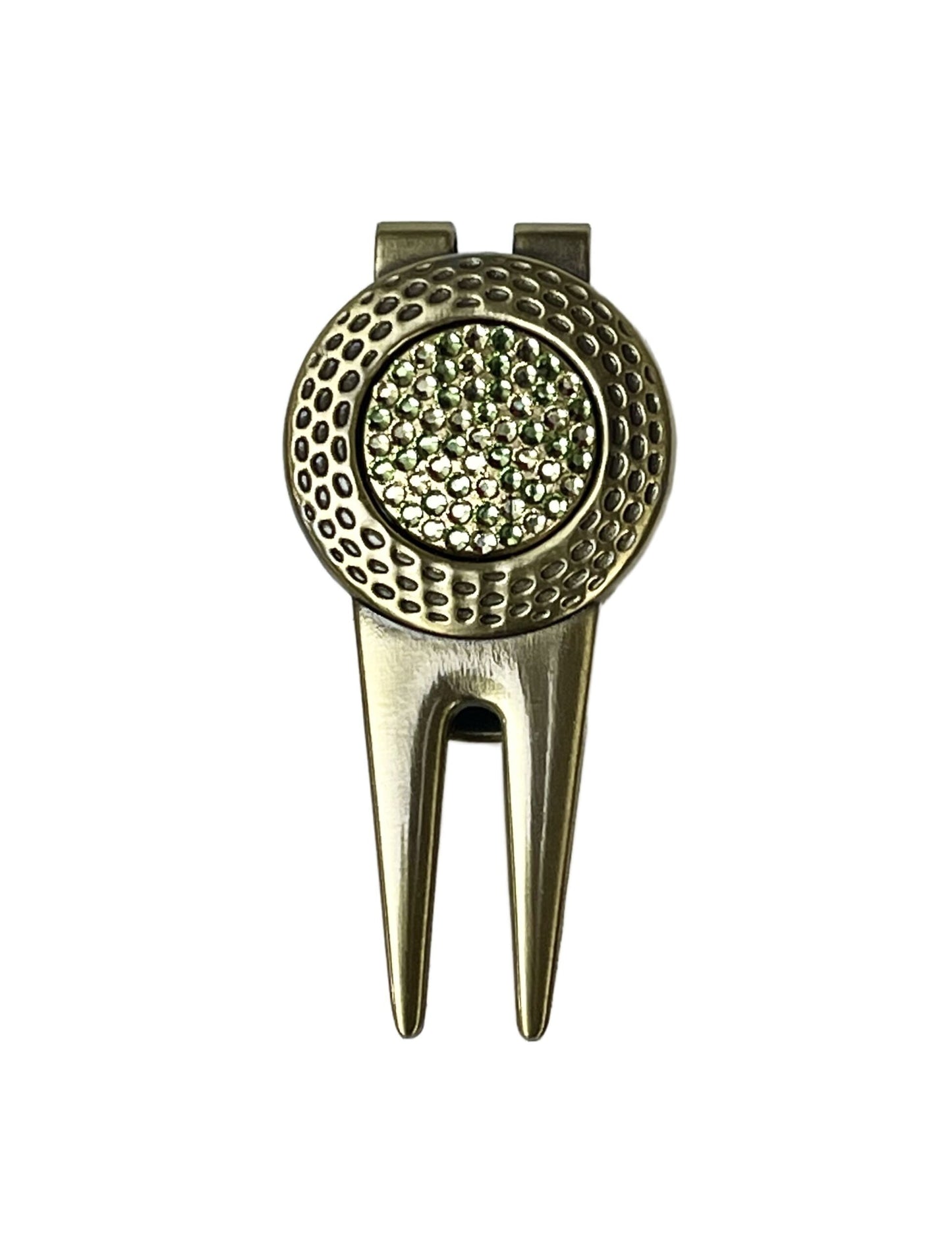 Green Swarovski Crystal Golf Ball Marker with Divot Tool, gold finish, Swarovski crystal, made in Canada