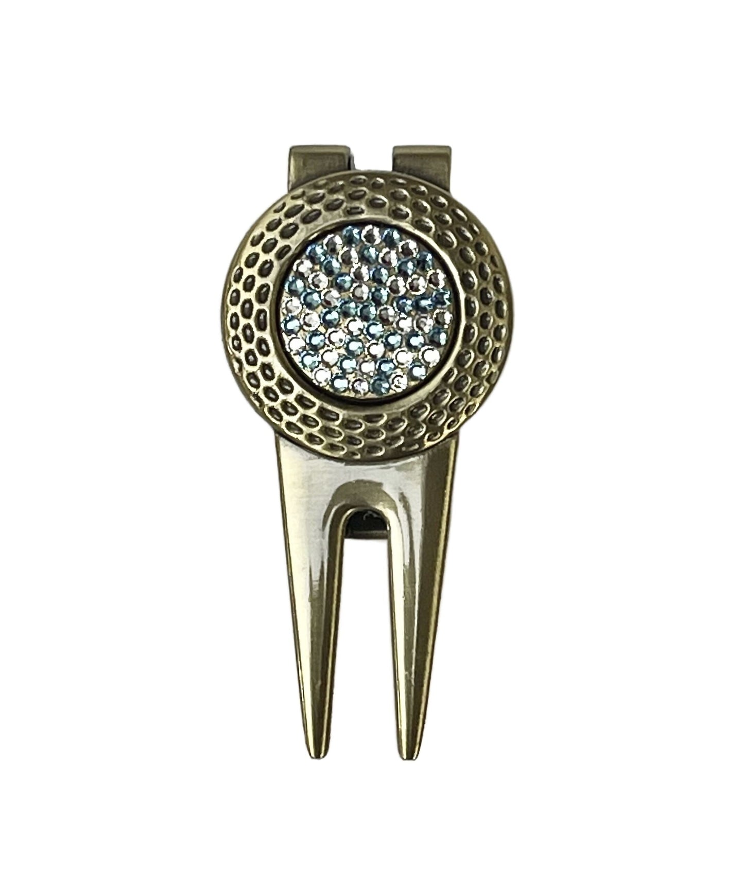 Aqua Swarovski Crystal Golf Ball Marker with Divot Tool, gold finish, Swarovski crystal, made in Canada