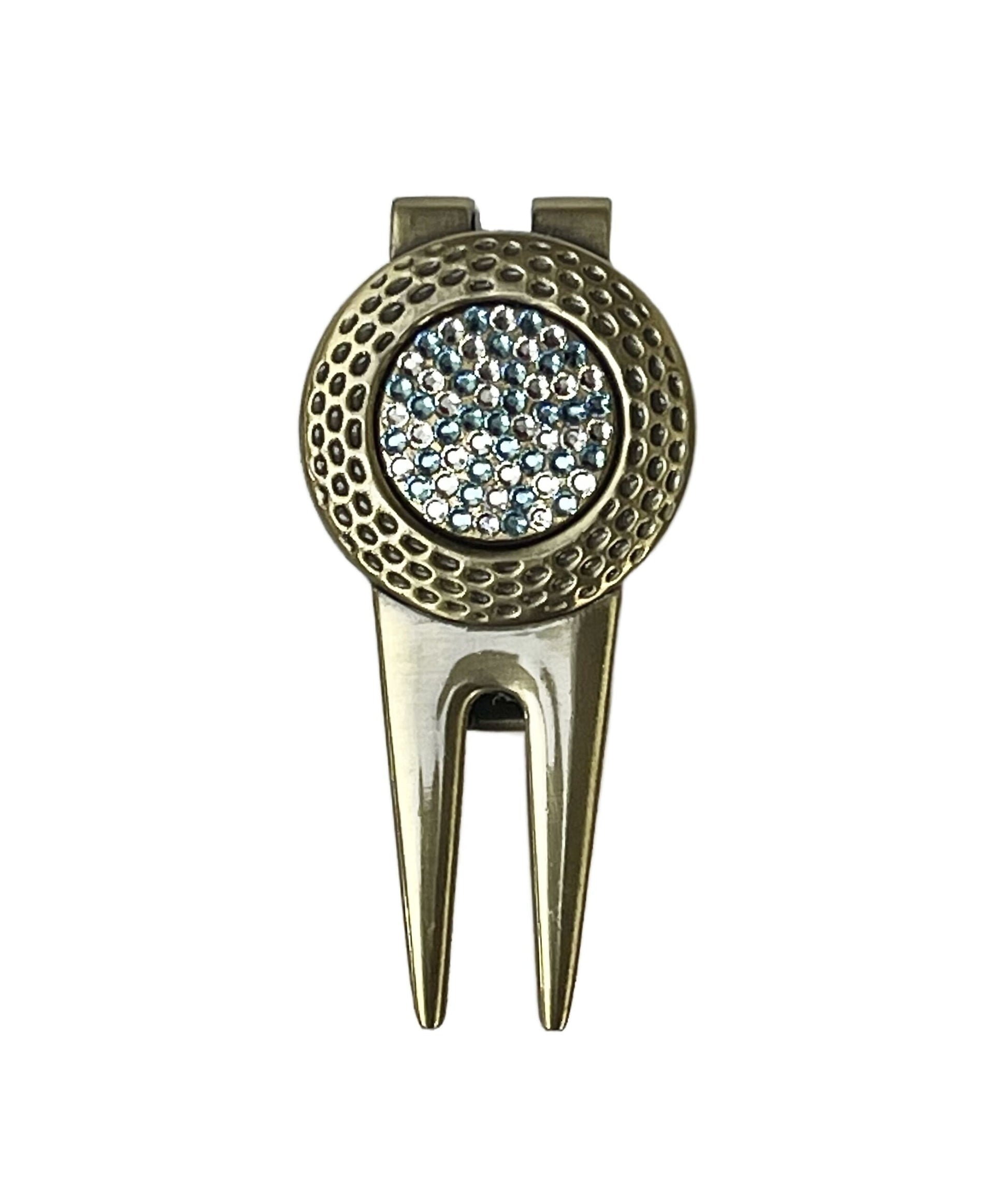 Aqua Swarovski Crystal Golf Ball Marker with Divot Tool, gold finish, Swarovski crystal, made in Canada