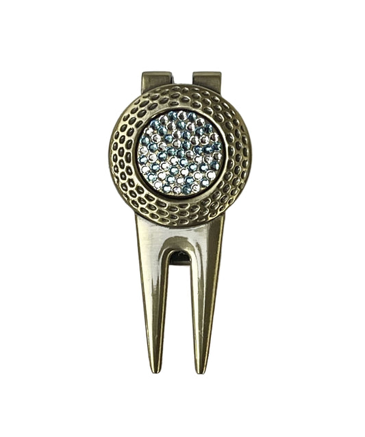 Aqua Swarovski Crystal Golf Ball Marker with Divot Tool, gold finish, Swarovski crystal, made in Canada
