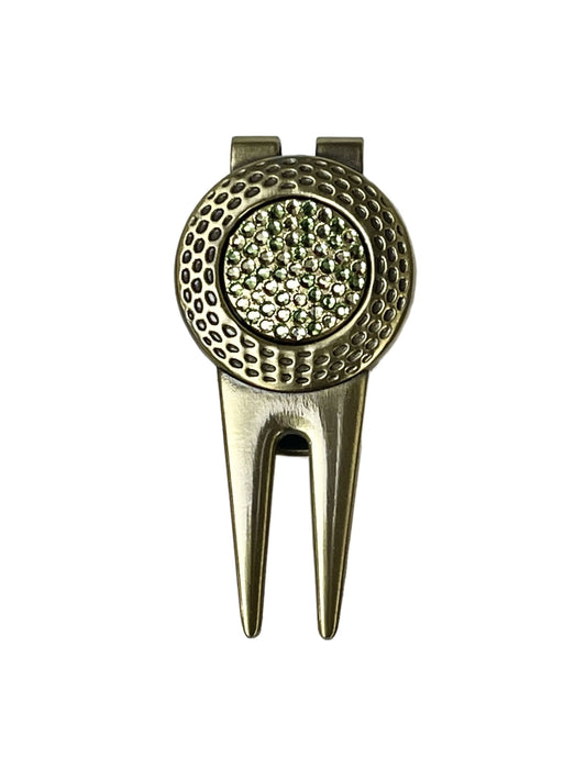 Green Swarovski Crystal Golf Ball Marker with Divot Tool, gold finish, Swarovski crystal, made in Canada