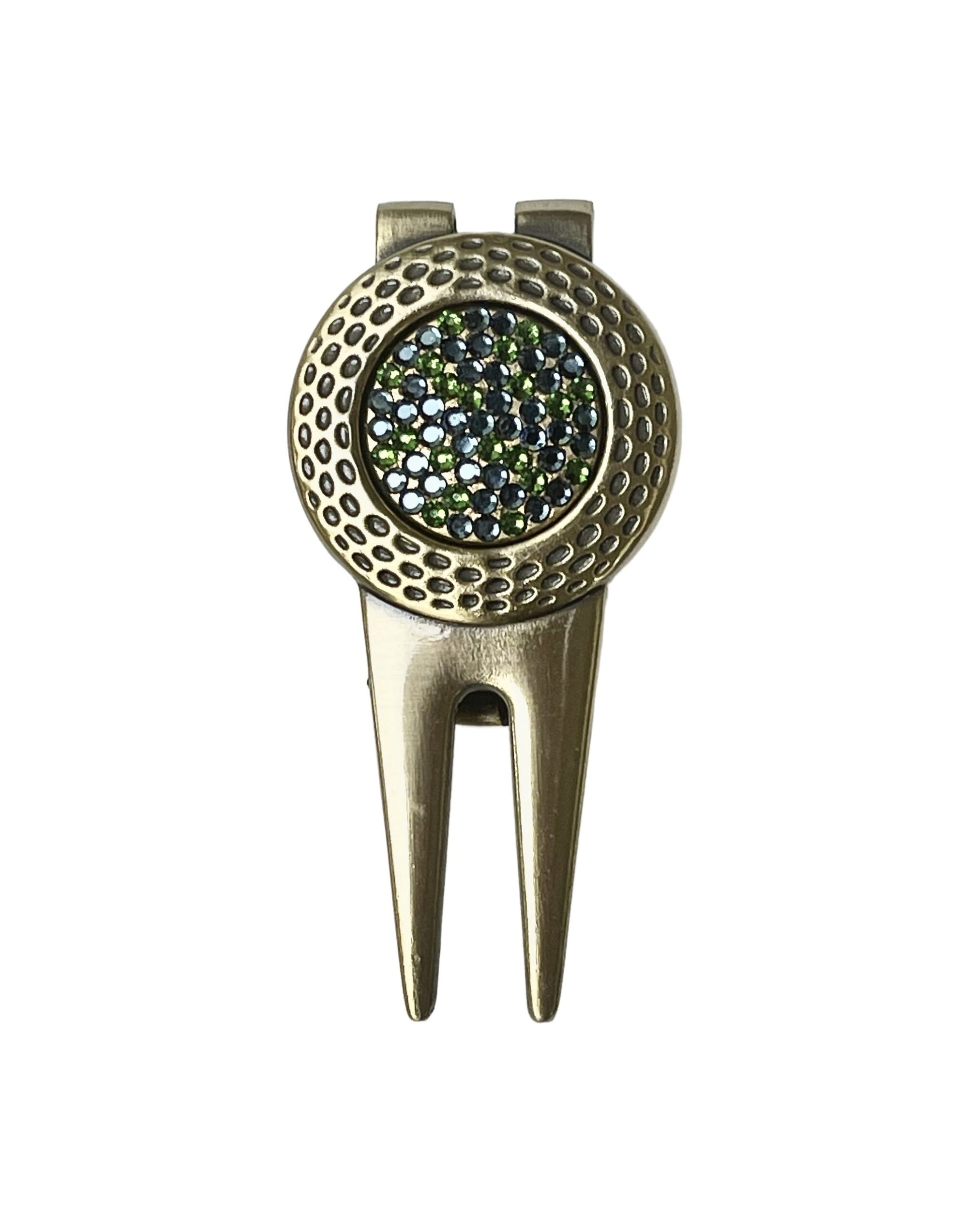 Blue and Green Swarovski Crystal Golf Ball Marker with Divot Tool, gold finish, Swarovski crystal, made in Canada