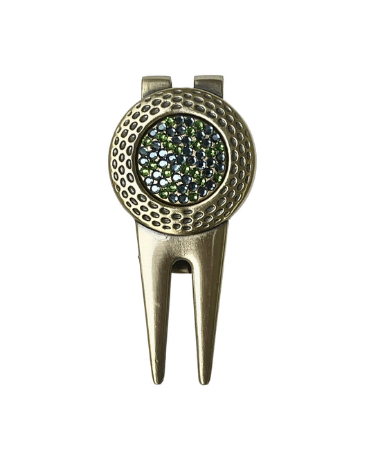 Blue and Green Swarovski Crystal Golf Ball Marker with Divot Tool, gold finish, Swarovski crystal, made in Canada