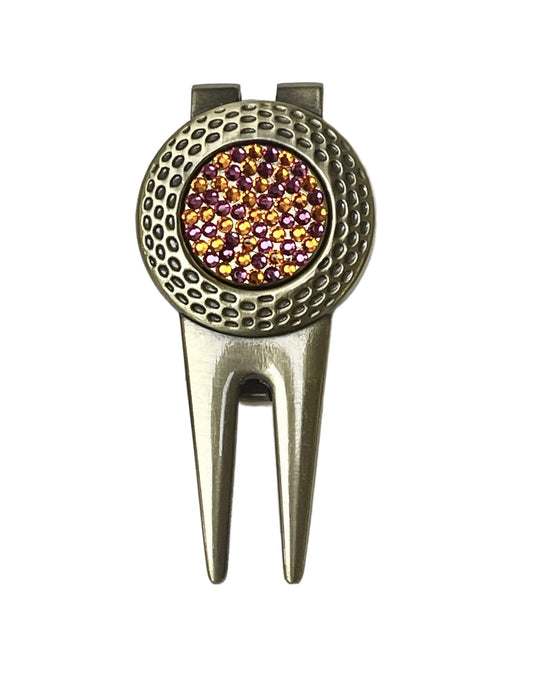 Orange and Purple Swarovski Crystal Golf Marker with Divot Tool, gold finish, Swarovski crystal, made in Canada