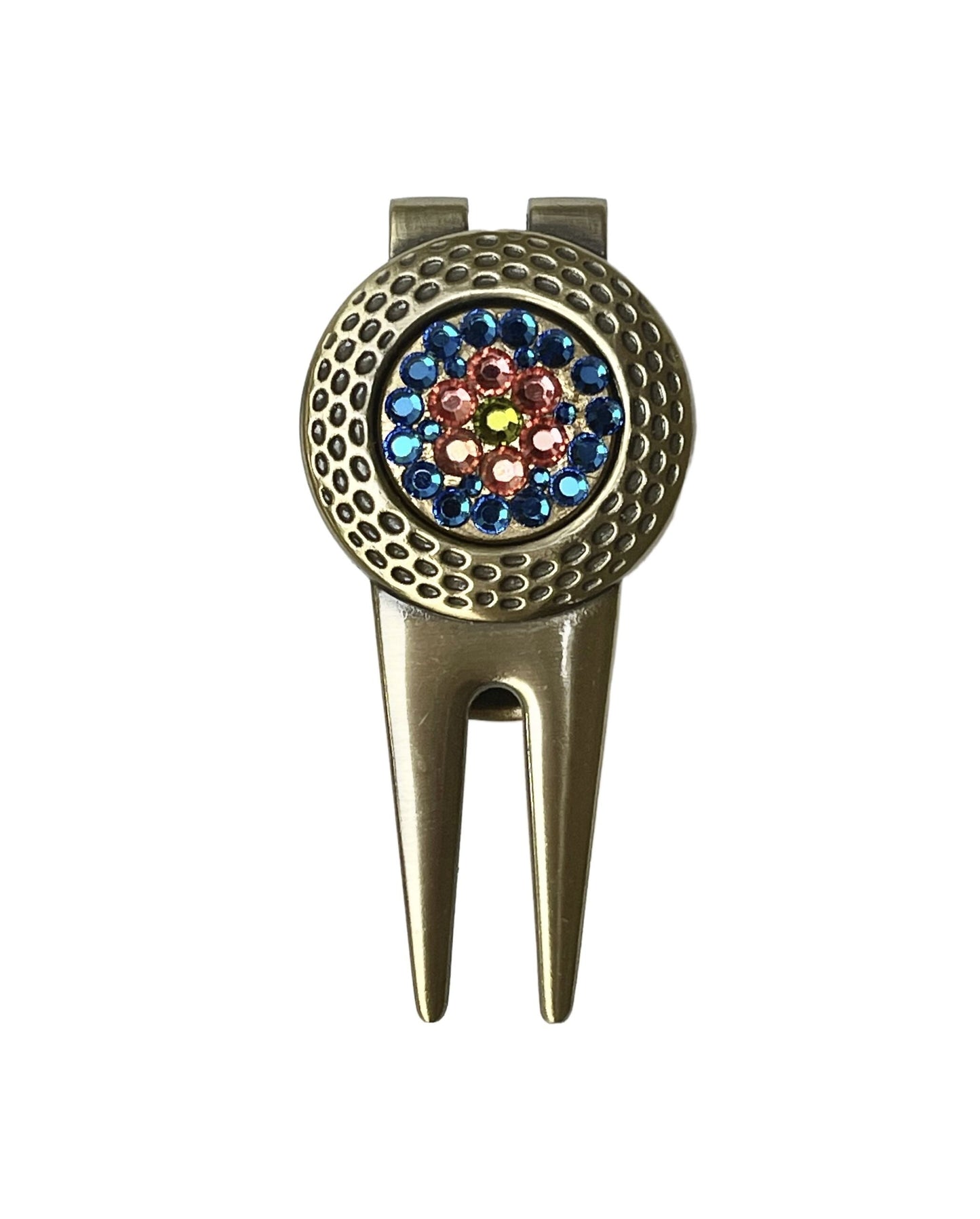 Blue Flower Swarovski Crystal Golf Ball Marker with Divot Tool, gold finish, Swarovski crystal, made in Canada