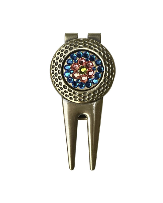 Blue Flower Swarovski Crystal Golf Ball Marker with Divot Tool, gold finish, Swarovski crystal, made in Canada