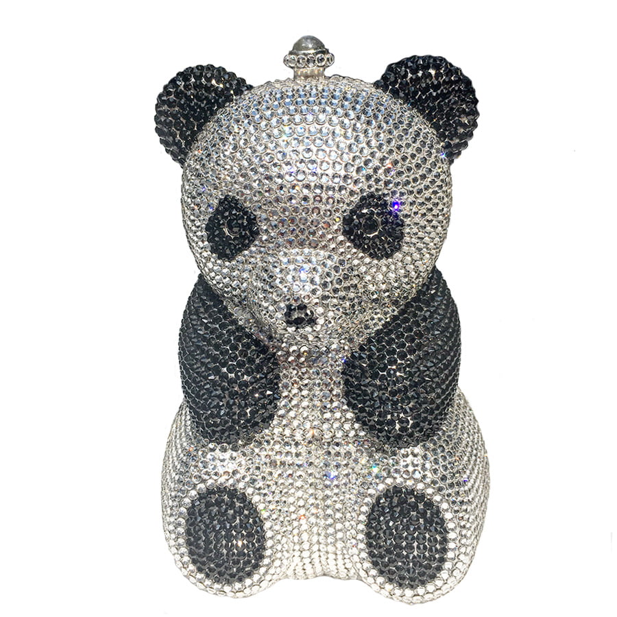 Swarovski Crystal Evening Clutch (Panda Bear) — Jet Black And Crystal, Silver | Handmade in Canada | W10 — one of a kind Swarovski crystal, handmade in Canada by W10 Colours