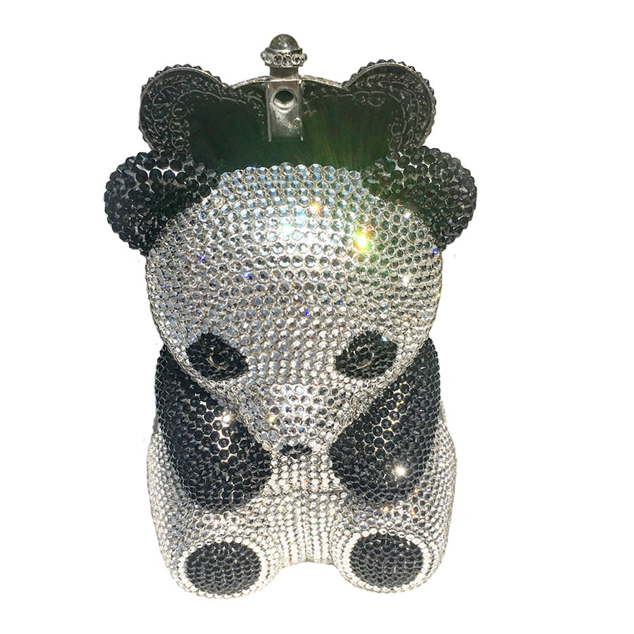 Swarovski Crystal Evening Clutch (Panda Bear) — Jet Black And Crystal, Silver | Handmade in Canada | W10 — one of a kind Swarovski crystal, handmade in Canada by W10 Colours
