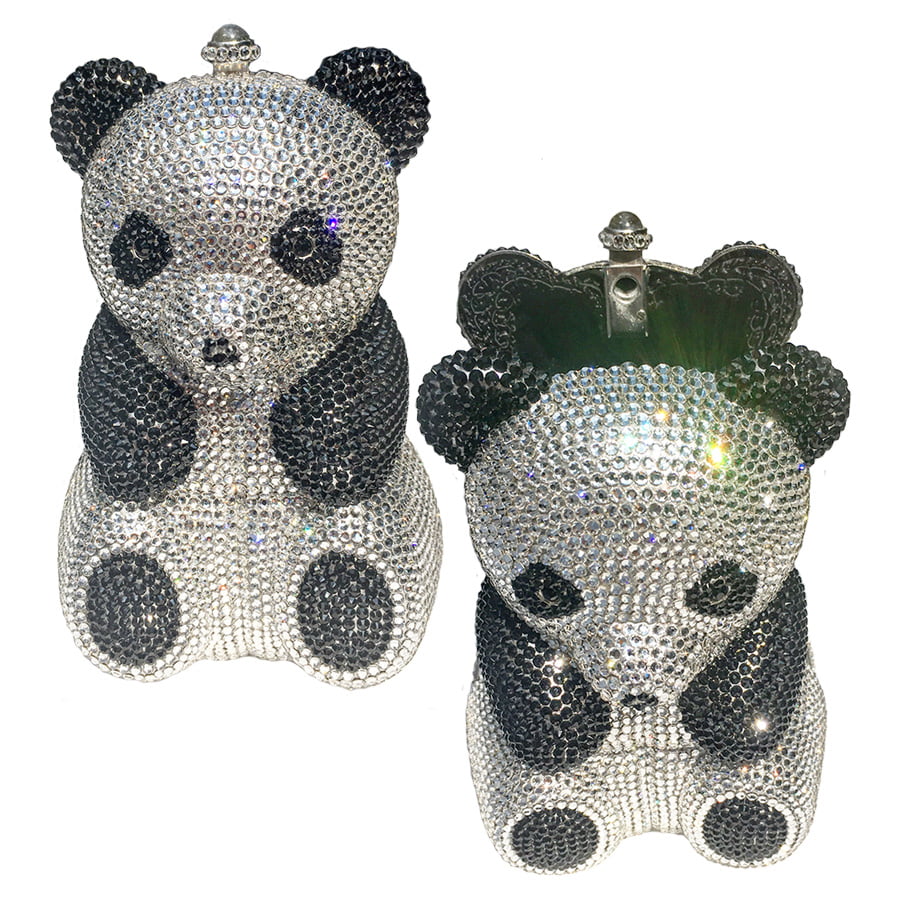 Swarovski Crystal Evening Clutch (Panda Bear) — Jet Black And Crystal, Silver | Handmade in Canada | W10 — one of a kind Swarovski crystal, handmade in Canada by W10 Colours
