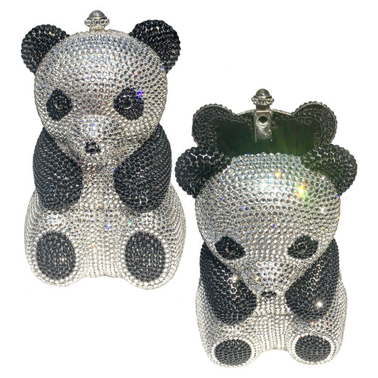 Swarovski Crystal Evening Clutch (Panda Bear) — Jet Black And Crystal, Silver | Handmade in Canada | W10 — one of a kind Swarovski crystal, handmade in Canada by W10 Colours