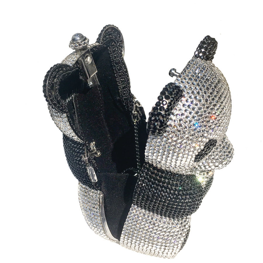 Swarovski Crystal Evening Clutch (Panda Bear) — Jet Black And Crystal, Silver | Handmade in Canada | W10 — one of a kind Swarovski crystal, handmade in Canada by W10 Colours