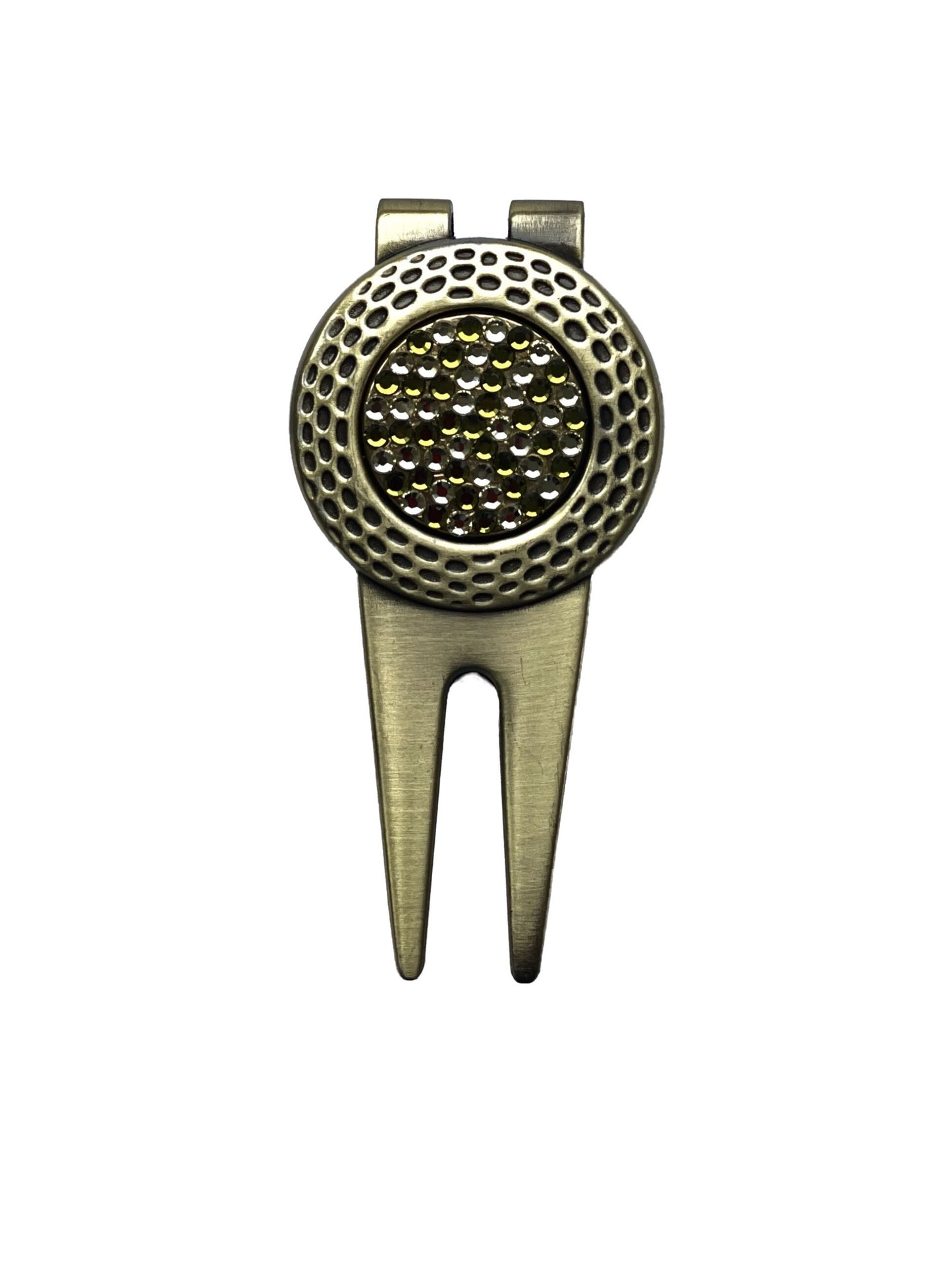 Chartreuse Swarovski Crystal Golf Ball Marker with Divot Tool, gold finish, Swarovski crystal, made in Canada