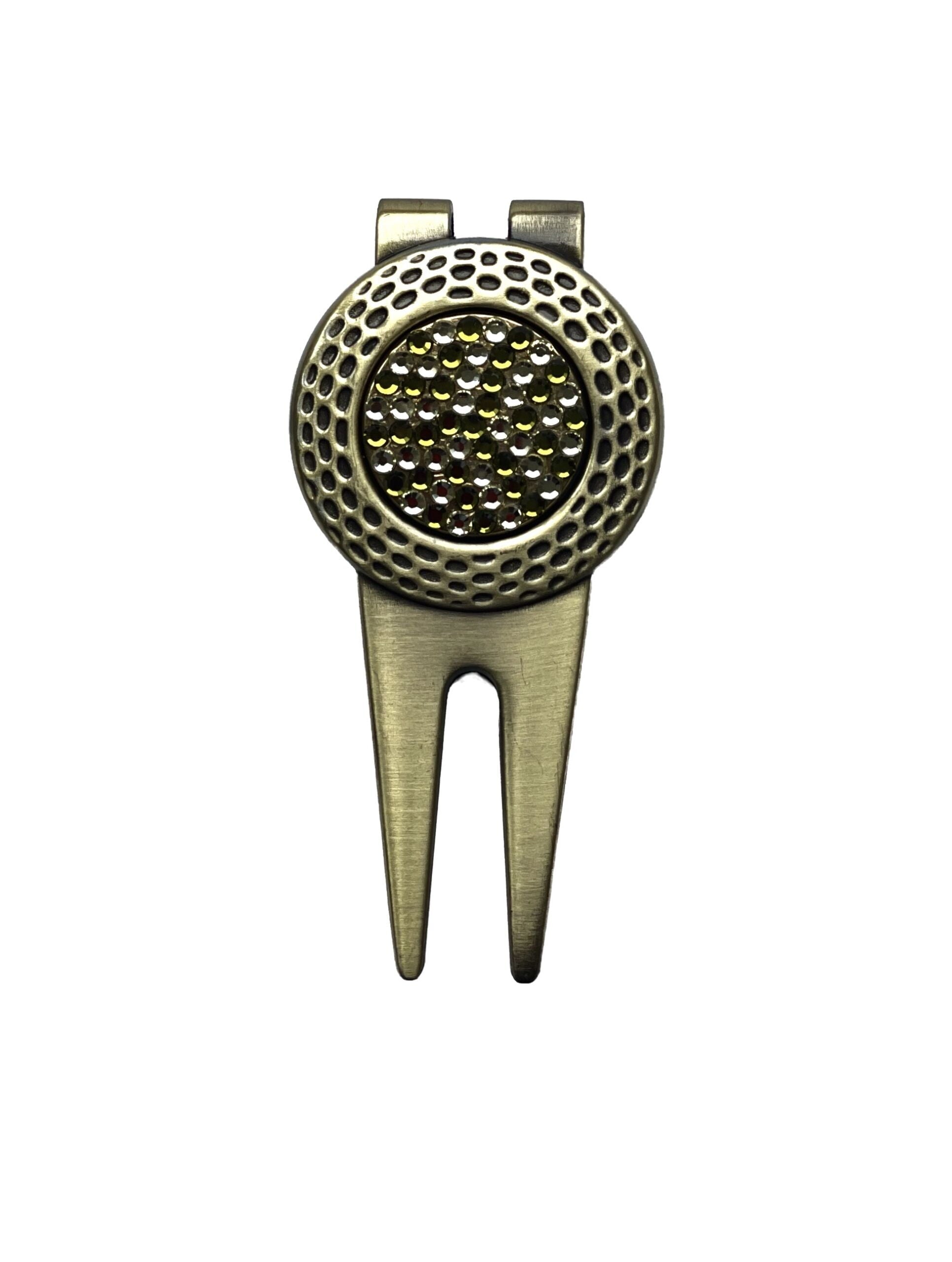 Chartreuse Swarovski Crystal Golf Ball Marker with Divot Tool, gold finish, Swarovski crystal, made in Canada
