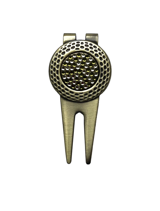 Chartreuse Swarovski Crystal Golf Ball Marker with Divot Tool, gold finish, Swarovski crystal, made in Canada