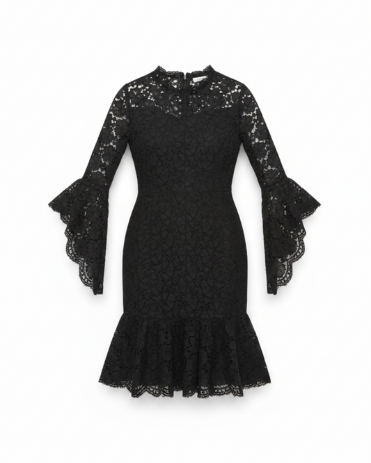 Soléne Fan Sleeve Midi Dress in Lace & Silk