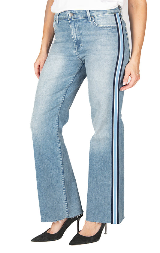 Fidelity Denim - Napa Blue Katie jeans. flare jeans with blue strip down side and open hemp. made in usa